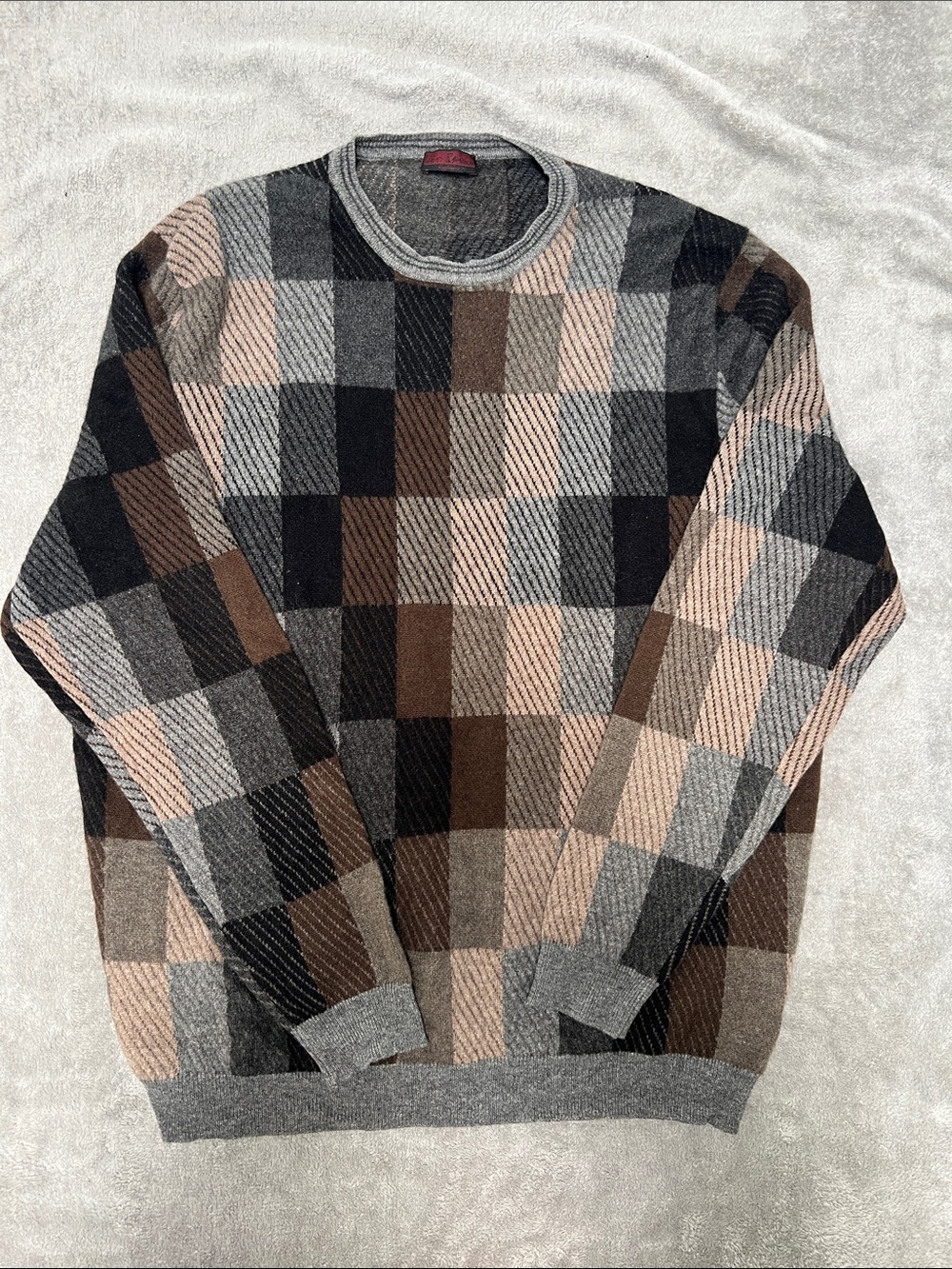 Men's Checkered Crewneck Cashmere Sweater in Gray, Brown, and Cream
